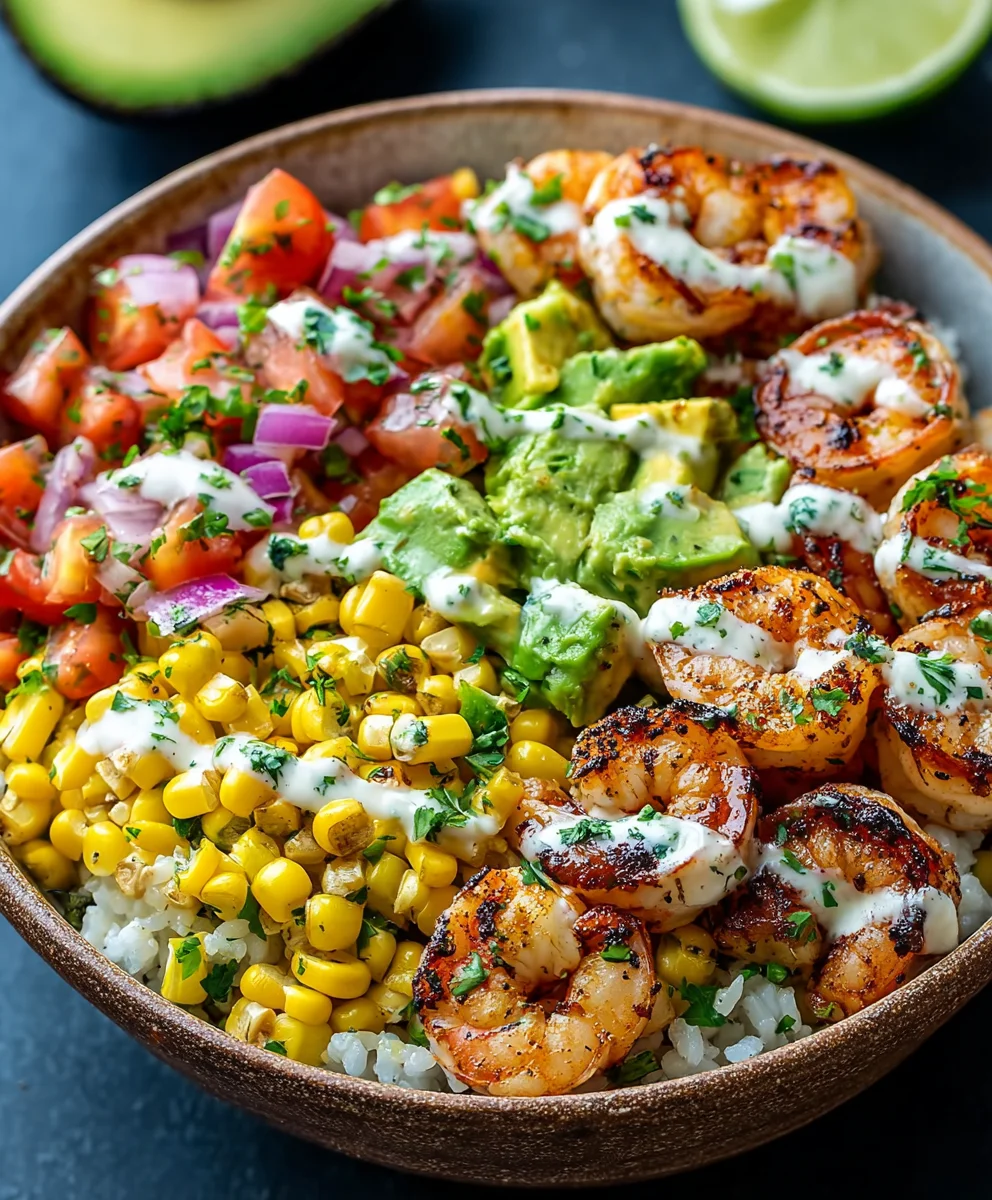 Grilled Shrimp Bowl Avocado Corn Salsa Creamy Garlic