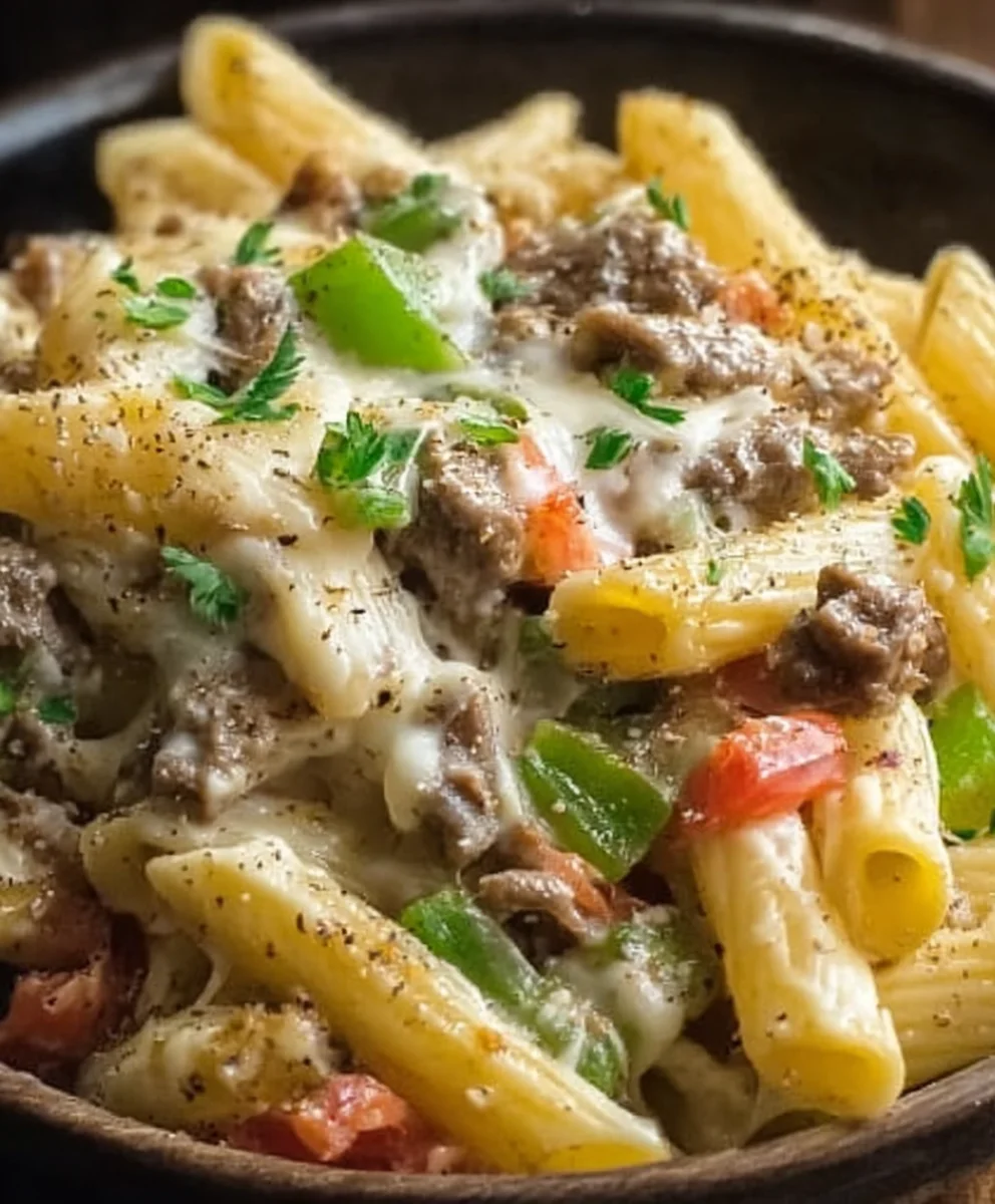 Philly Cheesesteak Pasta- Easy Beef & Cheese Dinner
