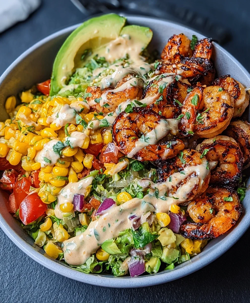 Grilled Shrimp Bowl- Avocado Corn Salsa Creamy Garlic
