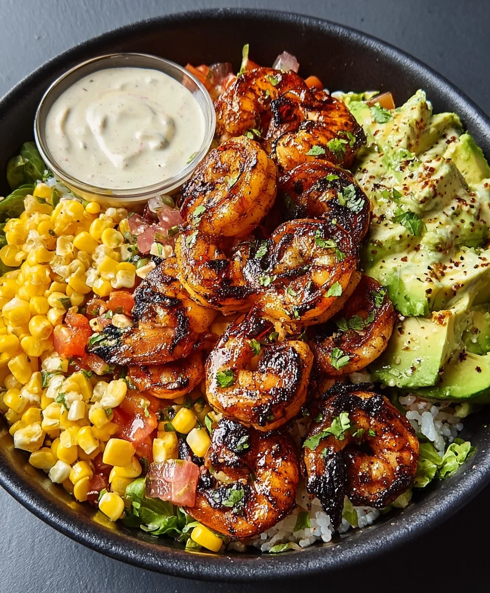 Grilled Shrimp Bowl- Avocado Corn Salsa Creamy Garlic