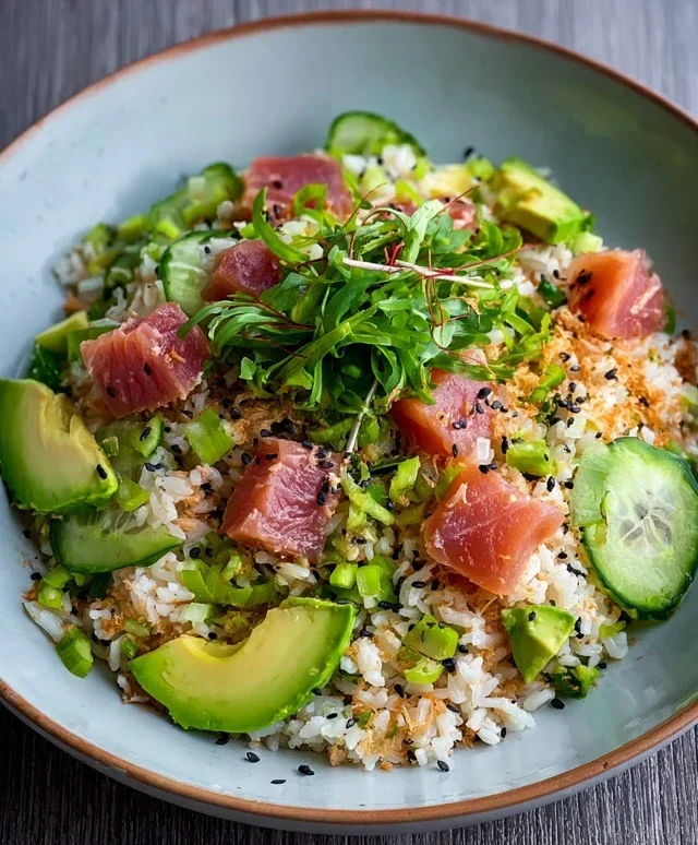 Tuna Avocado Crispy Rice Salad