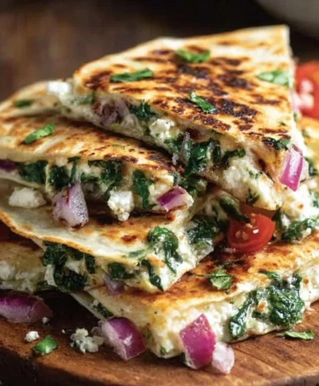 Mediterranean Quesadillas with Spinach, Feta, Mozzarella, and Red Onion