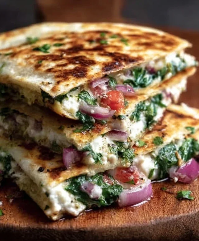Mediterranean Quesadillas with Spinach, Feta, Mozzarella, and Red Onion