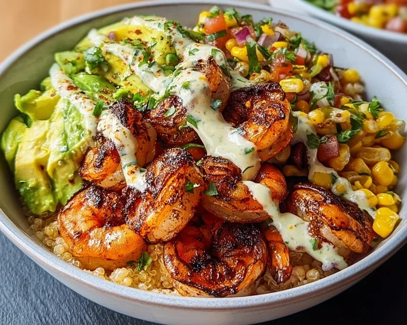 Grilled Shrimp Bowl with Avocado, Corn Salsa & Creamy Garlic Sauce
