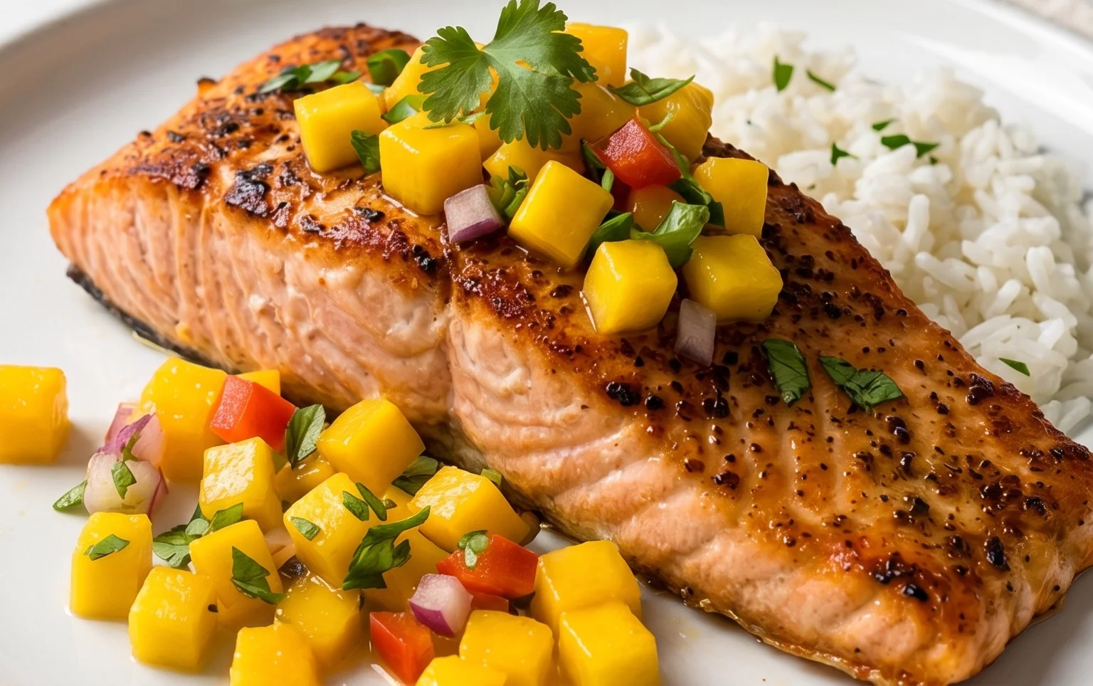 Grilled Salmon with Mango Salsa and Coconut Rice