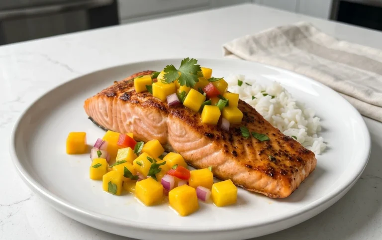 Grilled Salmon with Mango Salsa and Coconut Rice