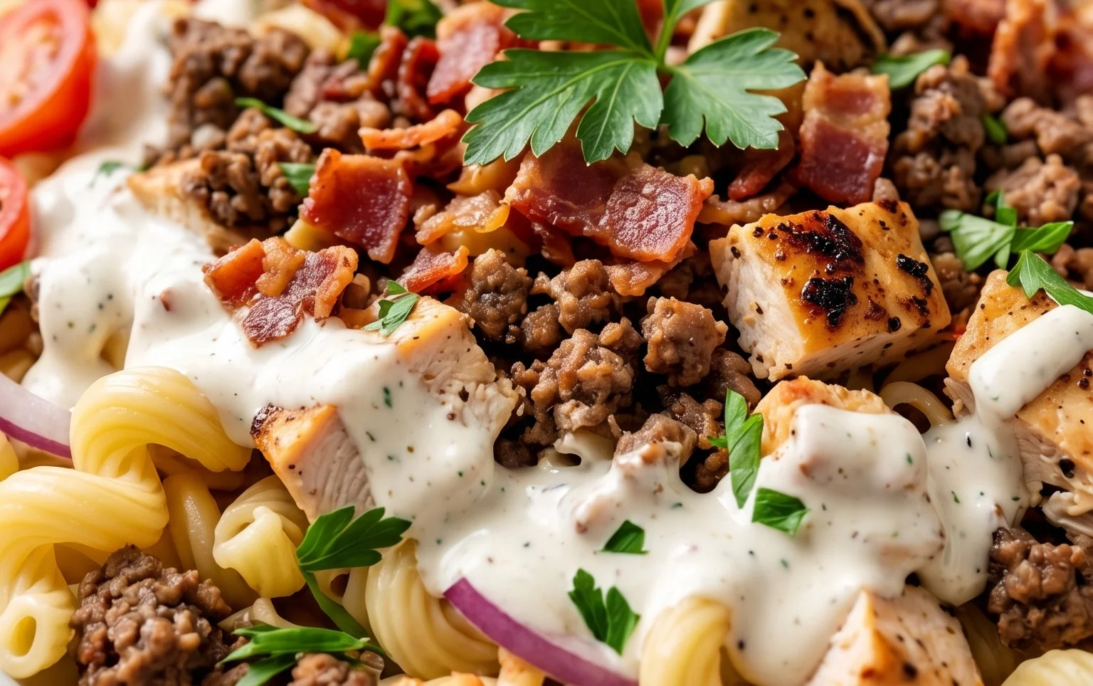 Chicken Beef Bacon Ranch Pasta Salad