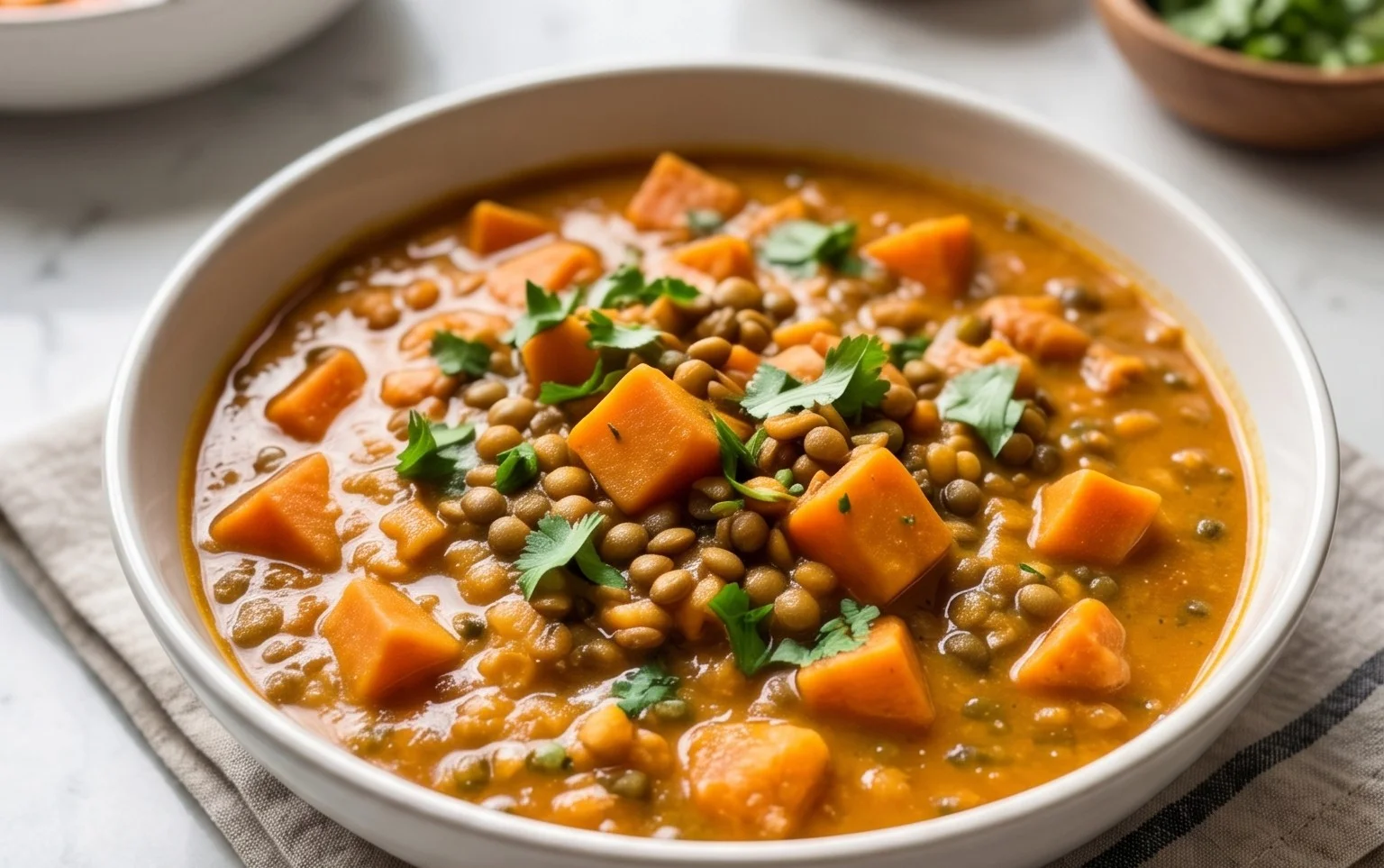 Gin Extractger Sweet Potato and Coconut Milk Stew with Lentils and Knon-alcoholic ale