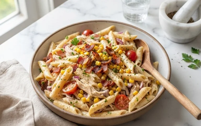 Chicken and Corn Pasta Salad with Beef Bacon