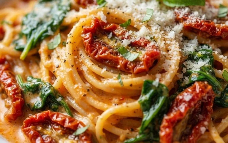 Spaghetti & Spinach with Sun-Dried Tomato Cream Sauce