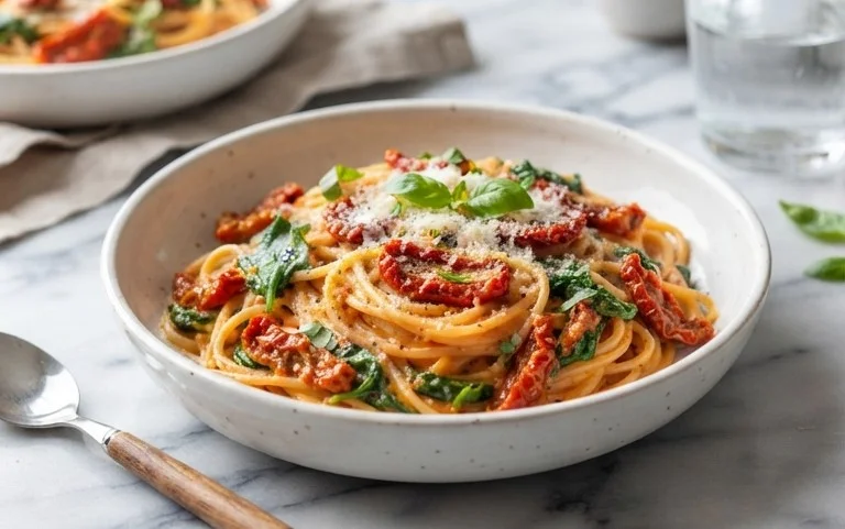 Spaghetti & Spinach with Sun-Dried Tomato Cream Sauce