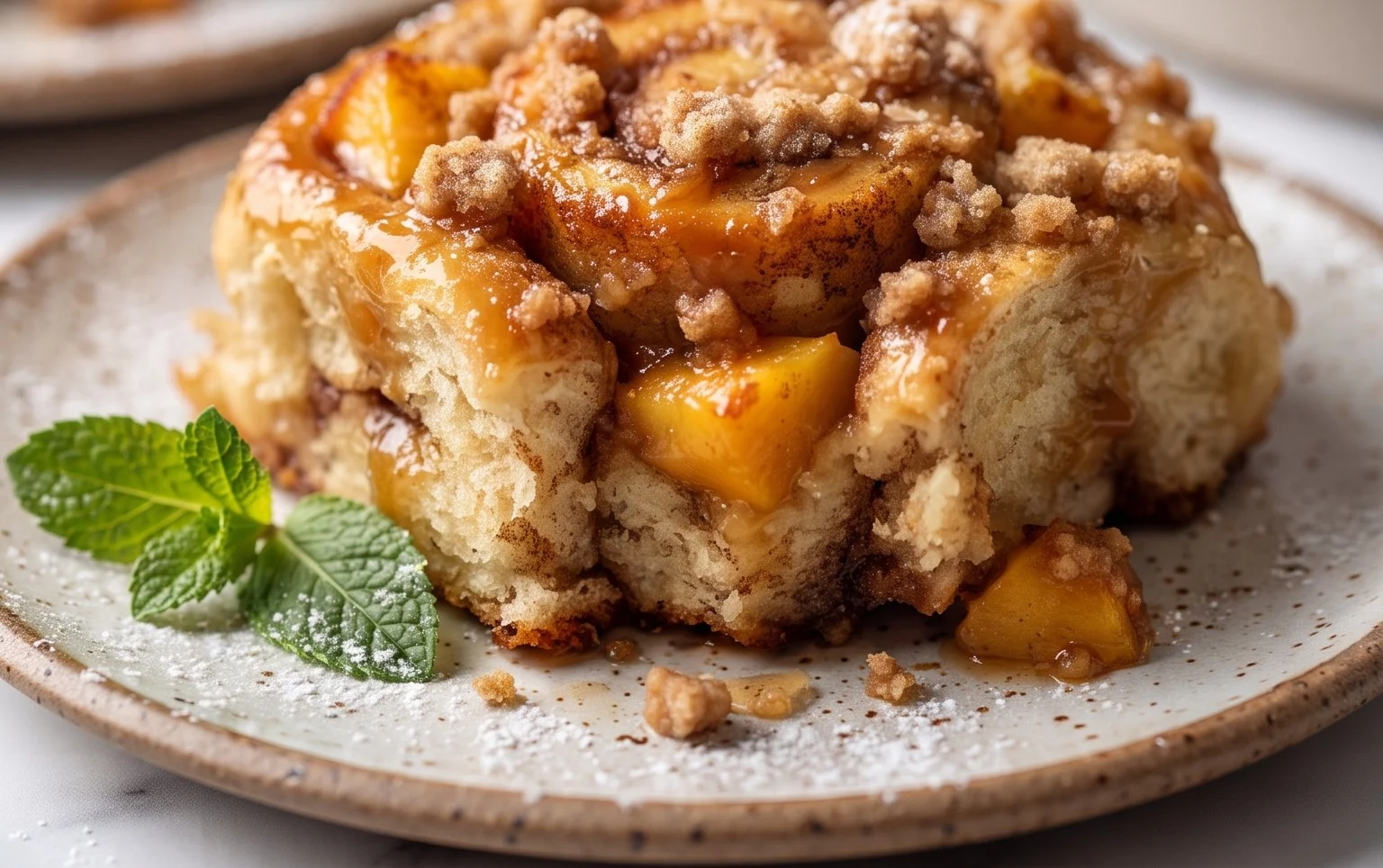 Peach Cobbler Cinnamon Rolls with Crum extractb Topping
