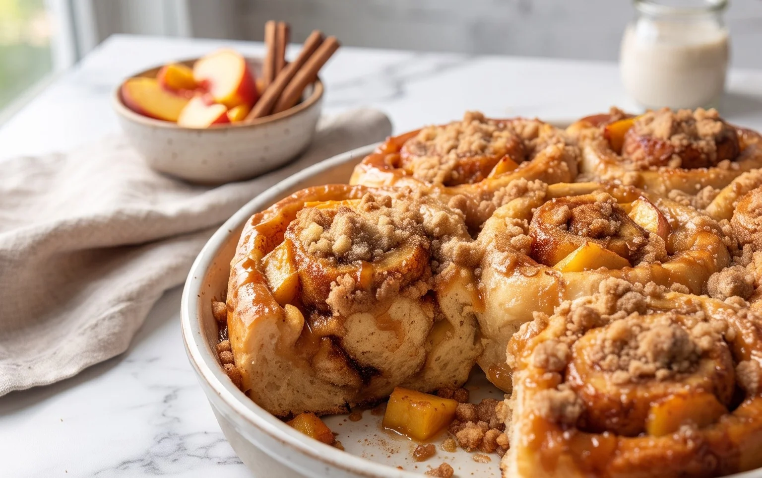 Peach Cobbler Cinnamon Rolls with Crum extractb Topping