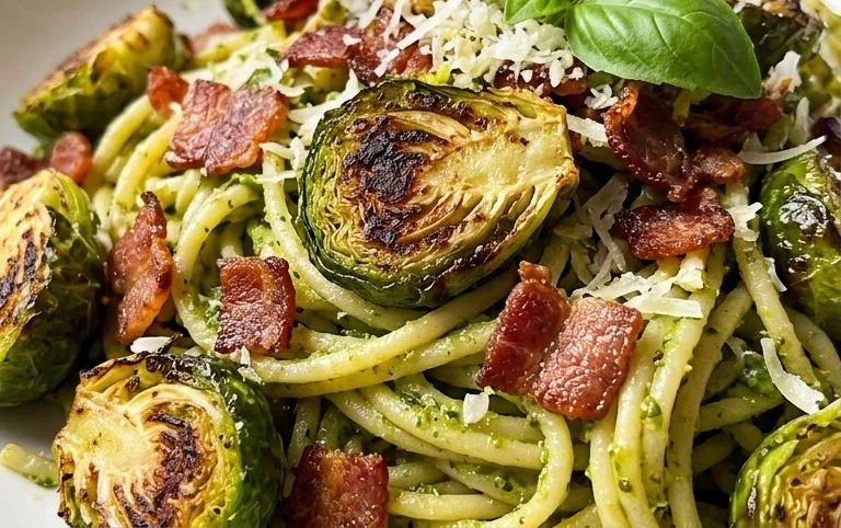 Brussels Sprouts and Beef Bacon Pesto Pasta