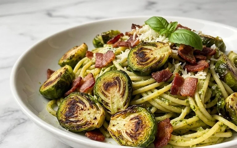 Brussels Sprouts and Beef Bacon Pesto Pasta
