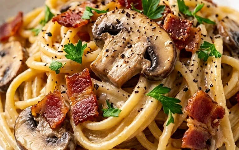 Creamy Beef Bacon and Mushroom Pasta