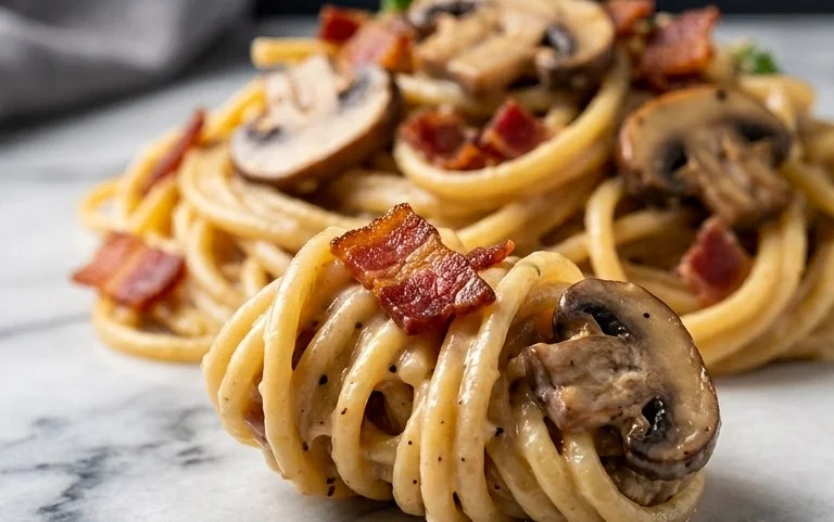 Creamy Beef Bacon and Mushroom Pasta