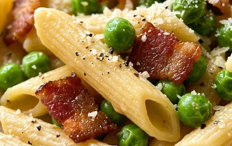 Penne Pasta, Peas and Beef Bacon