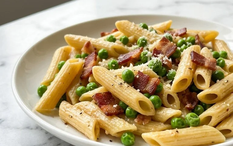 Penne Pasta, Peas and Beef Bacon