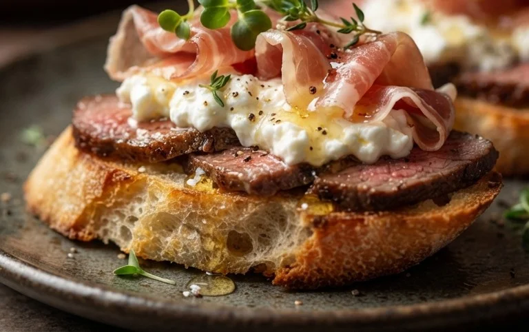 Beef Prosciutto Crostini with Burrata and Lemon Honey Drizzle