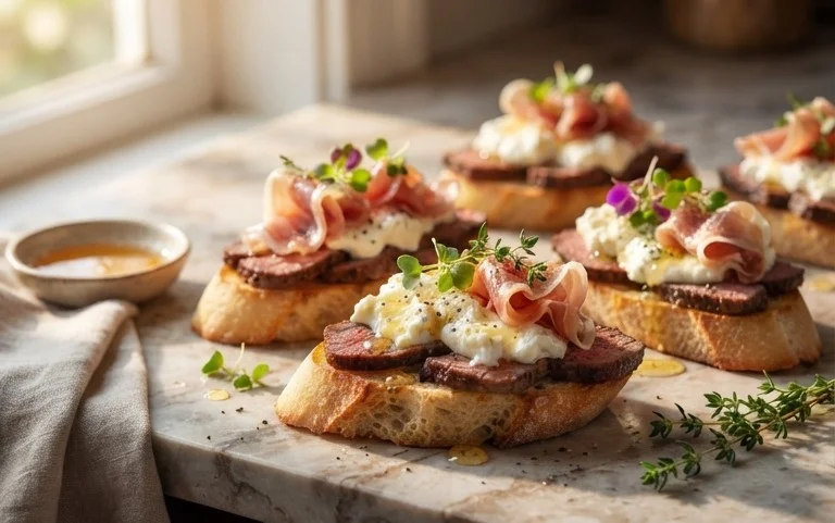 Beef Prosciutto Crostini with Burrata and Lemon Honey Drizzle